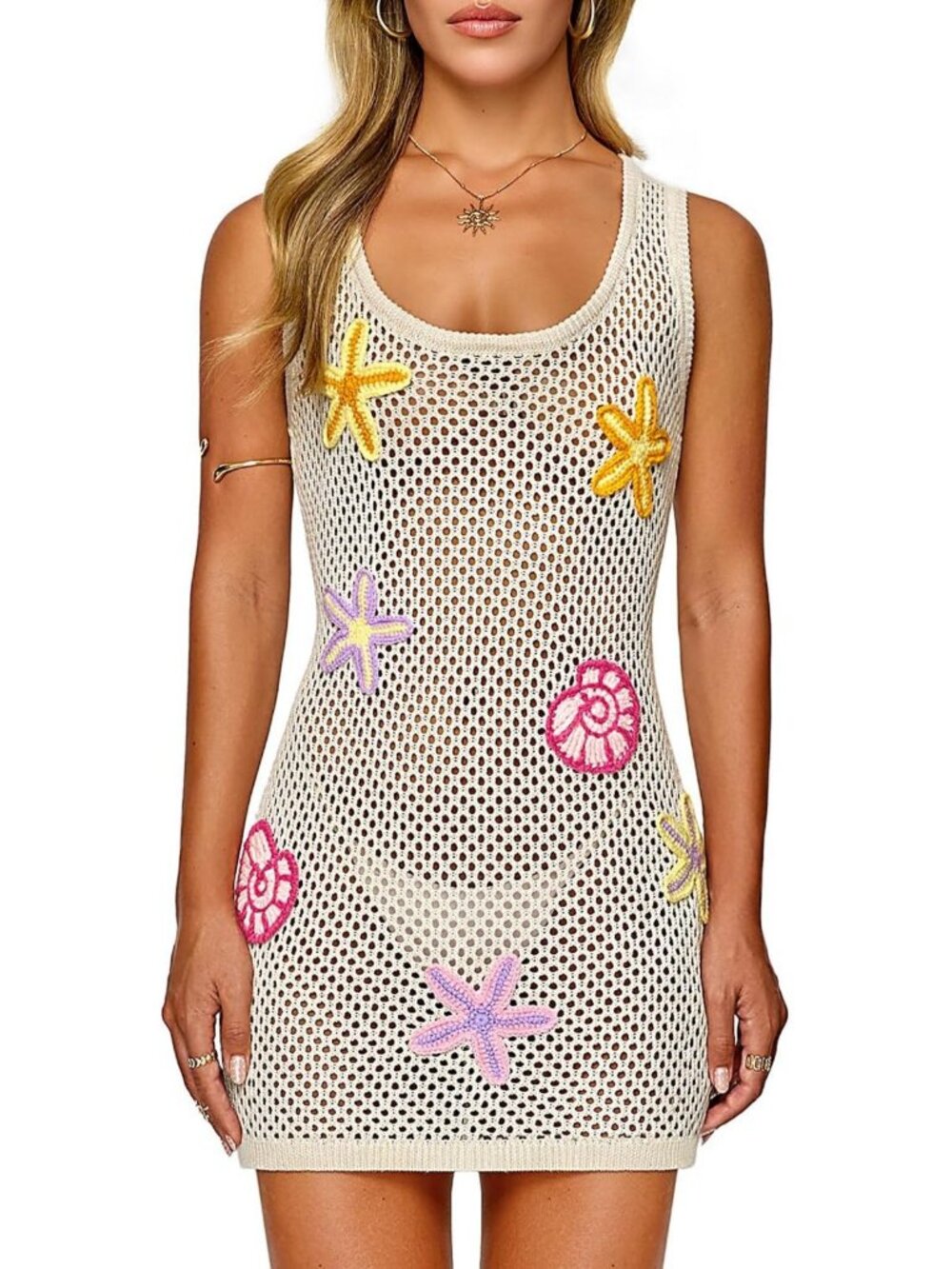 Boho Crochet Beach Cover Up with 3D Starfish & Seashells - Summer Swimwear